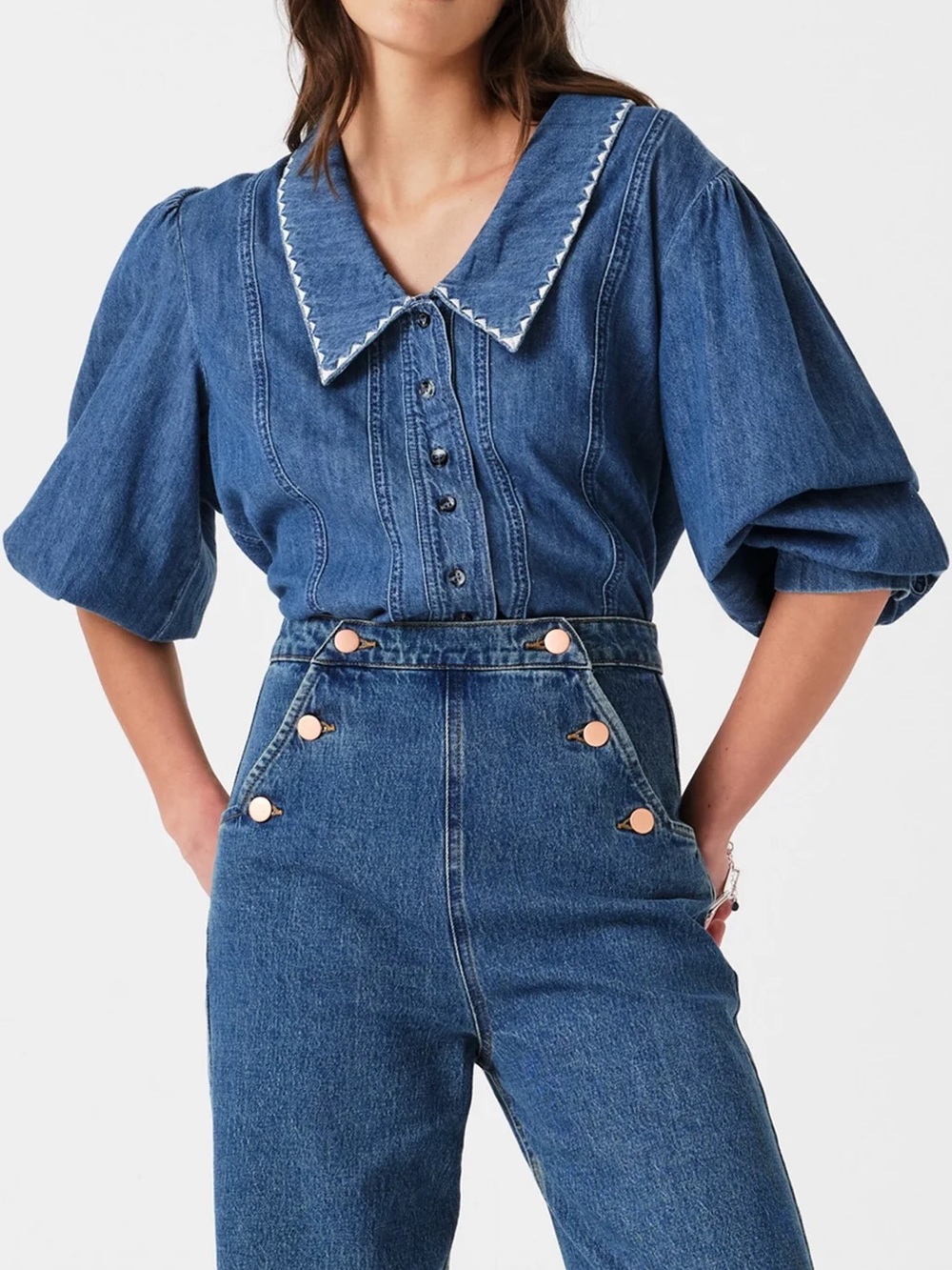 Seventy and Mochi Talia Collared Denim Top in Medium Blue